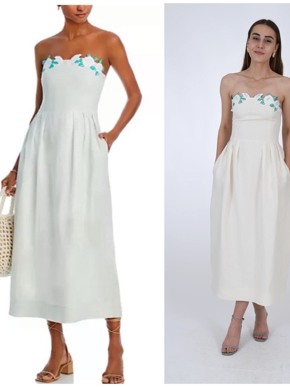 NWT Fanm Mon Lorr Strapless Mint Cotton Midi Dress with Floral Trim Sz Women’s M